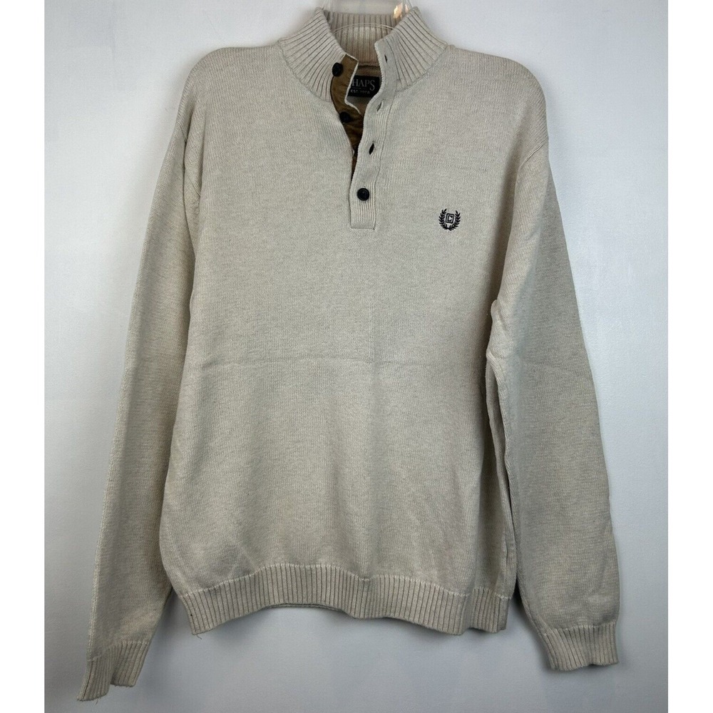 Chaps Sweater Mens L Quarter Button Knit Ivory Cotton Brown Elbow Patch Read